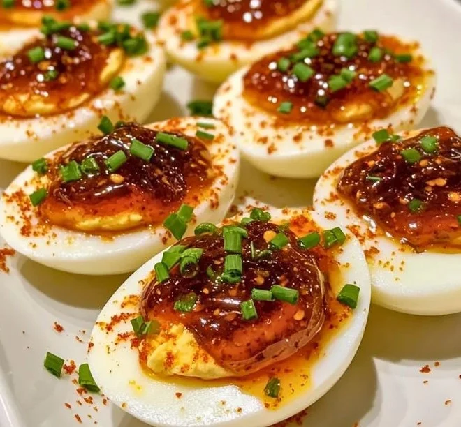 Sweet And Spicy Pepper Jelly Deviled Eggs 2 egg